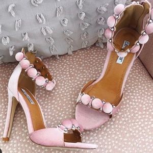 Blush pink velvet pom-pom heels